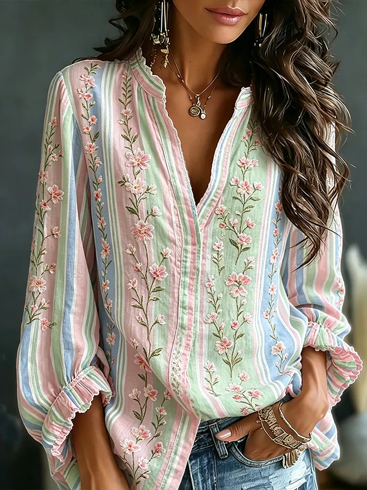 Women's Pink Floral Art Embroidery Spliced Striped Comfortable Cotton Linen V-neck Long Sleeve Top