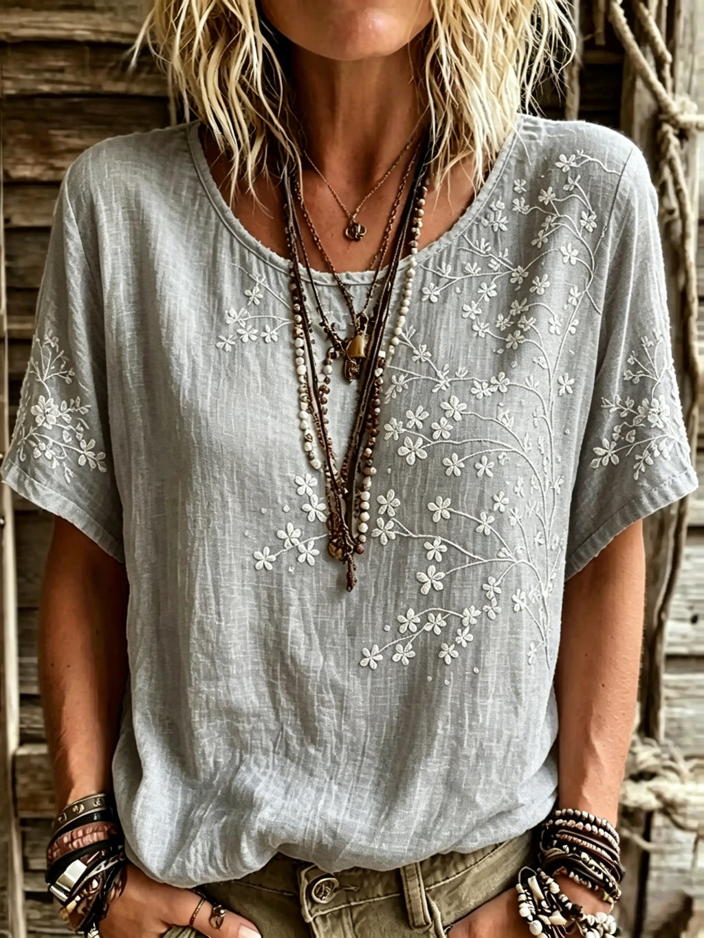 Women's Vintage Floral Art Linen Blend T-shirt