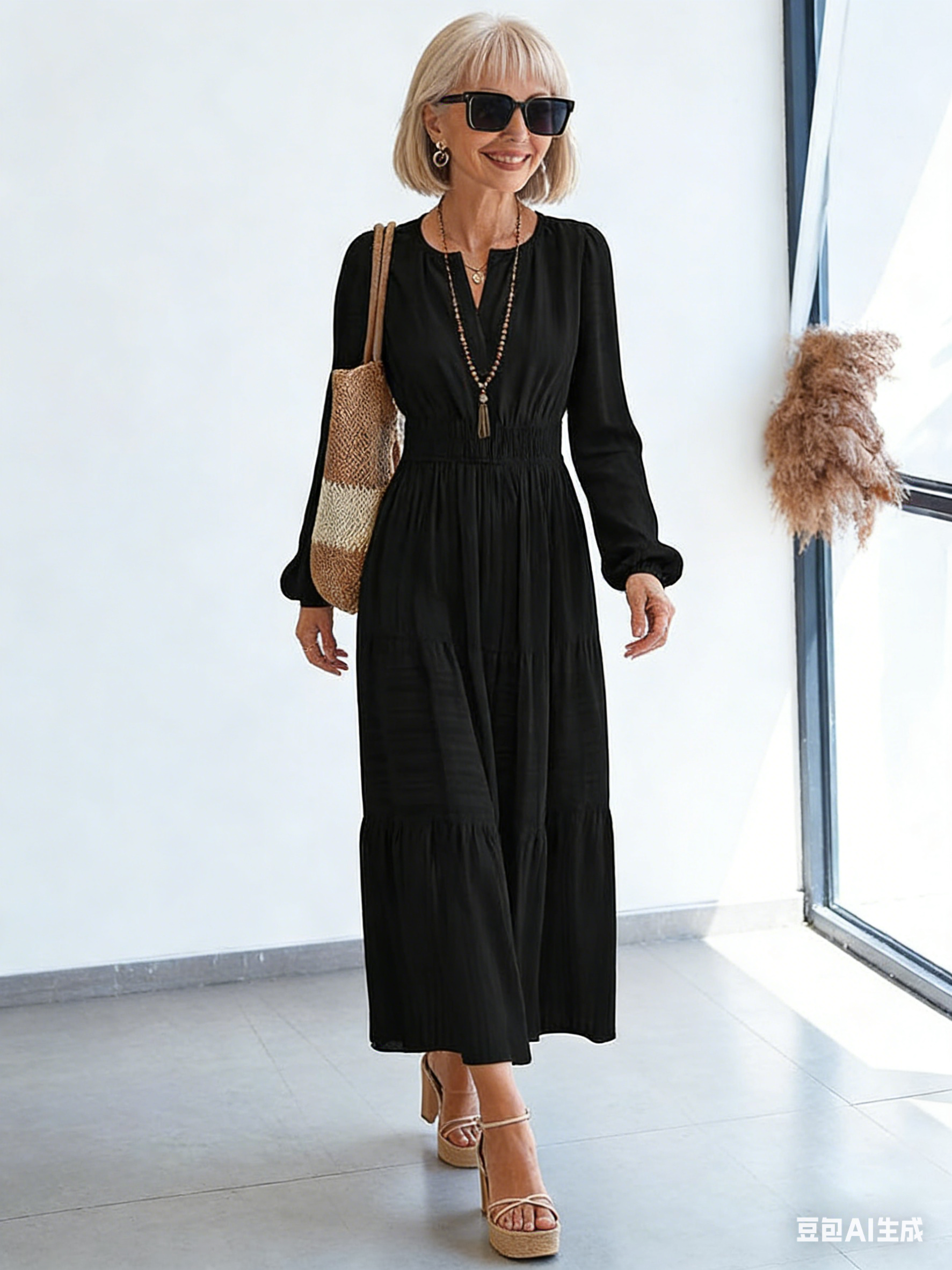 V-neck Pleated Waist Long-sleeved Dress
