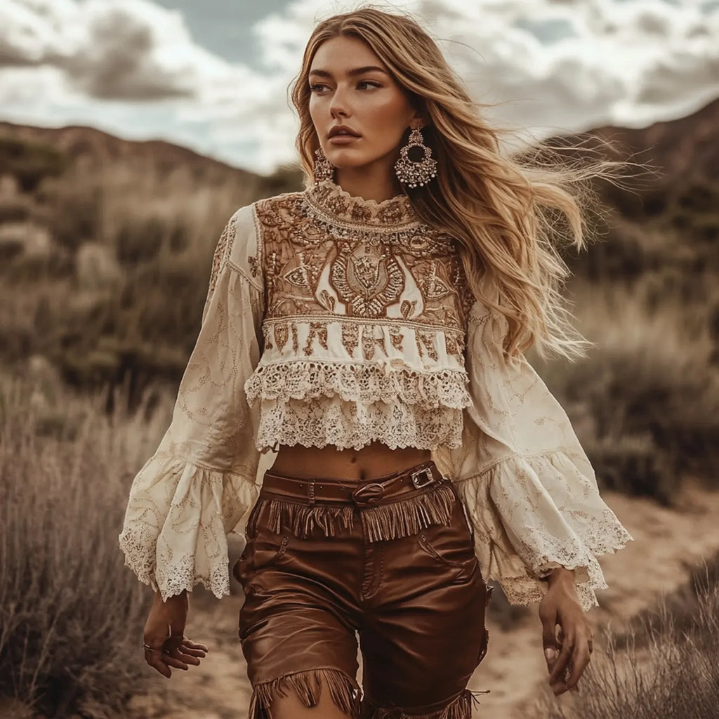 Women's Bohemian Lace Top With Fringed Leather Shorts