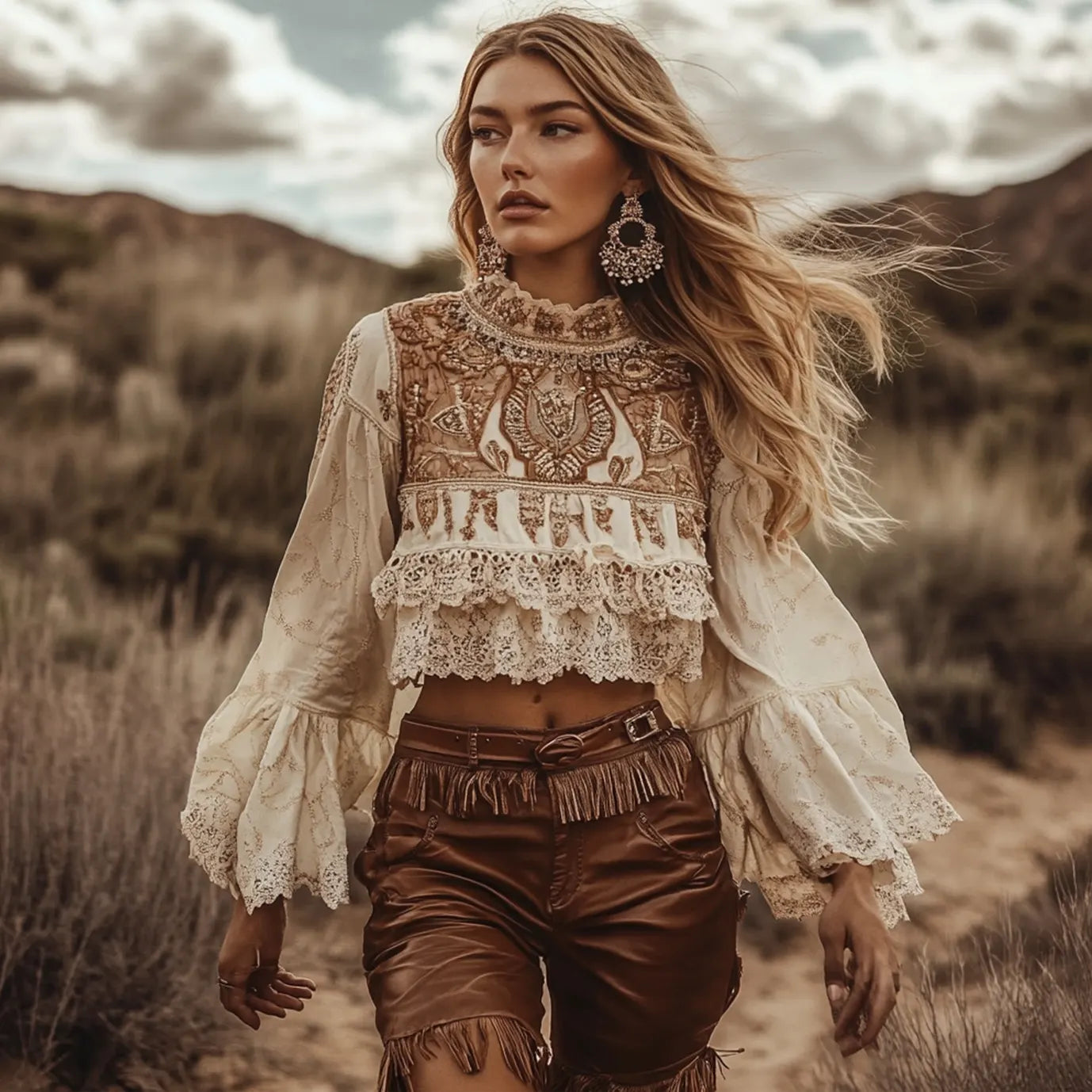 Women's Bohemian Lace Top With Fringed Leather Shorts
