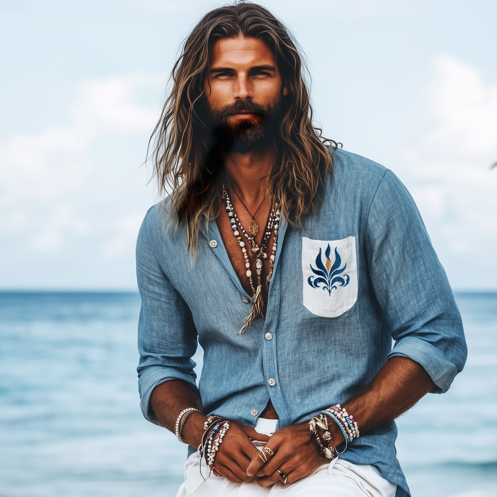 Men's Casual Retro Cotton And Linen Embroidered Shirt