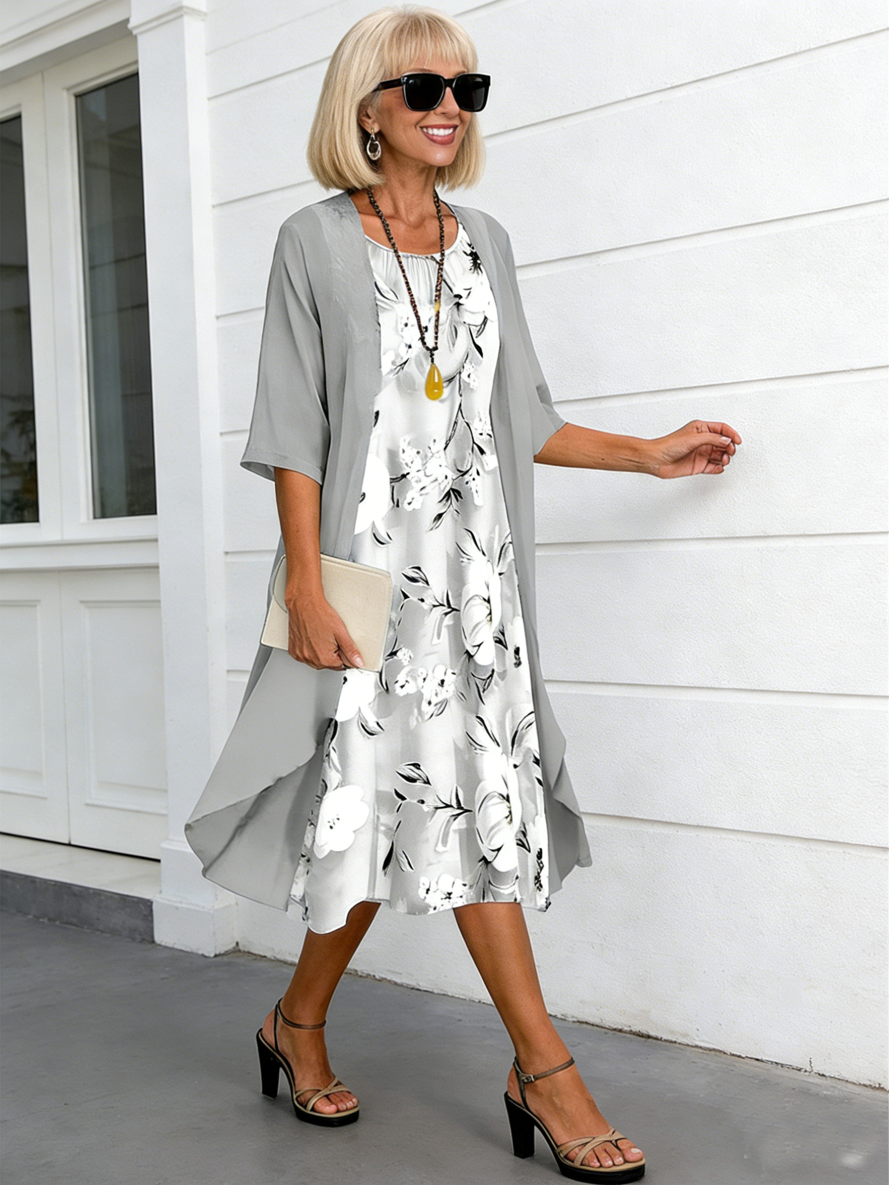 2Pcs Casual Printed Chiffon Dress Two-piece Set