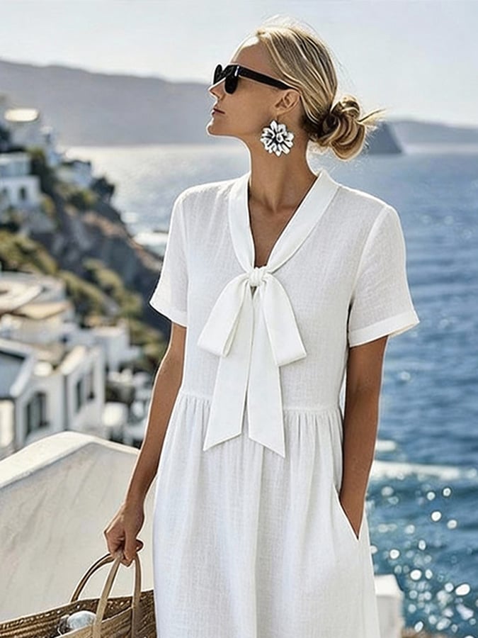Women'S Solid Color Short-Sleeved Vacation Dress
