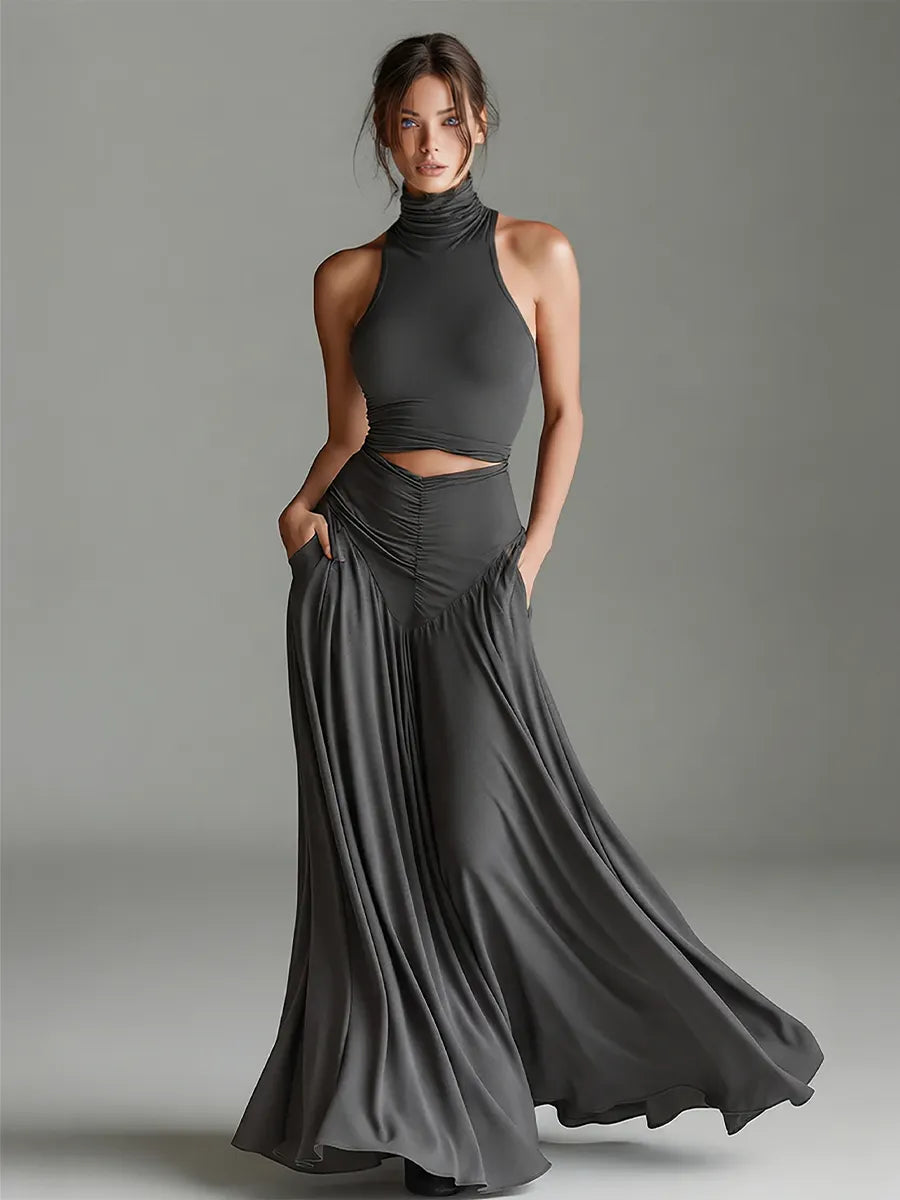 Women's Charcoal Gray Stretch Knit Dress With Turtleneck Halter & Cutout Waist, Timeless Minimalist Elegant Style Dress MDZ0960B2I
