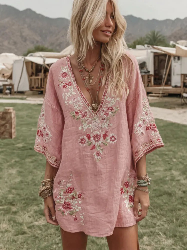 Women's Vintage Floral Art V Neck Midi Dress