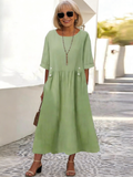 Summer Short-sleeved Cotton and Linen Dress Hot-selling Round Neck Loose Medium and Long Large Size Skirt
