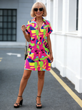 Fashion Color Floral Print Cardigan Short Sleeve Shirt Skirt