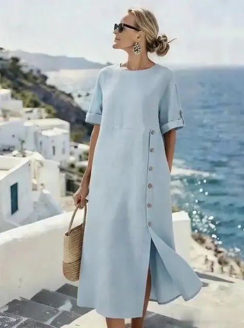 Women'S Casual Loose-Fitting Solid Color Cotton And Linen Dress