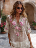 Bohemian Style Romantic Pink Three-dimensional Rose Embroidery Pearl Sequin Linen Women's Small V-neck Short-sleeved Shirt