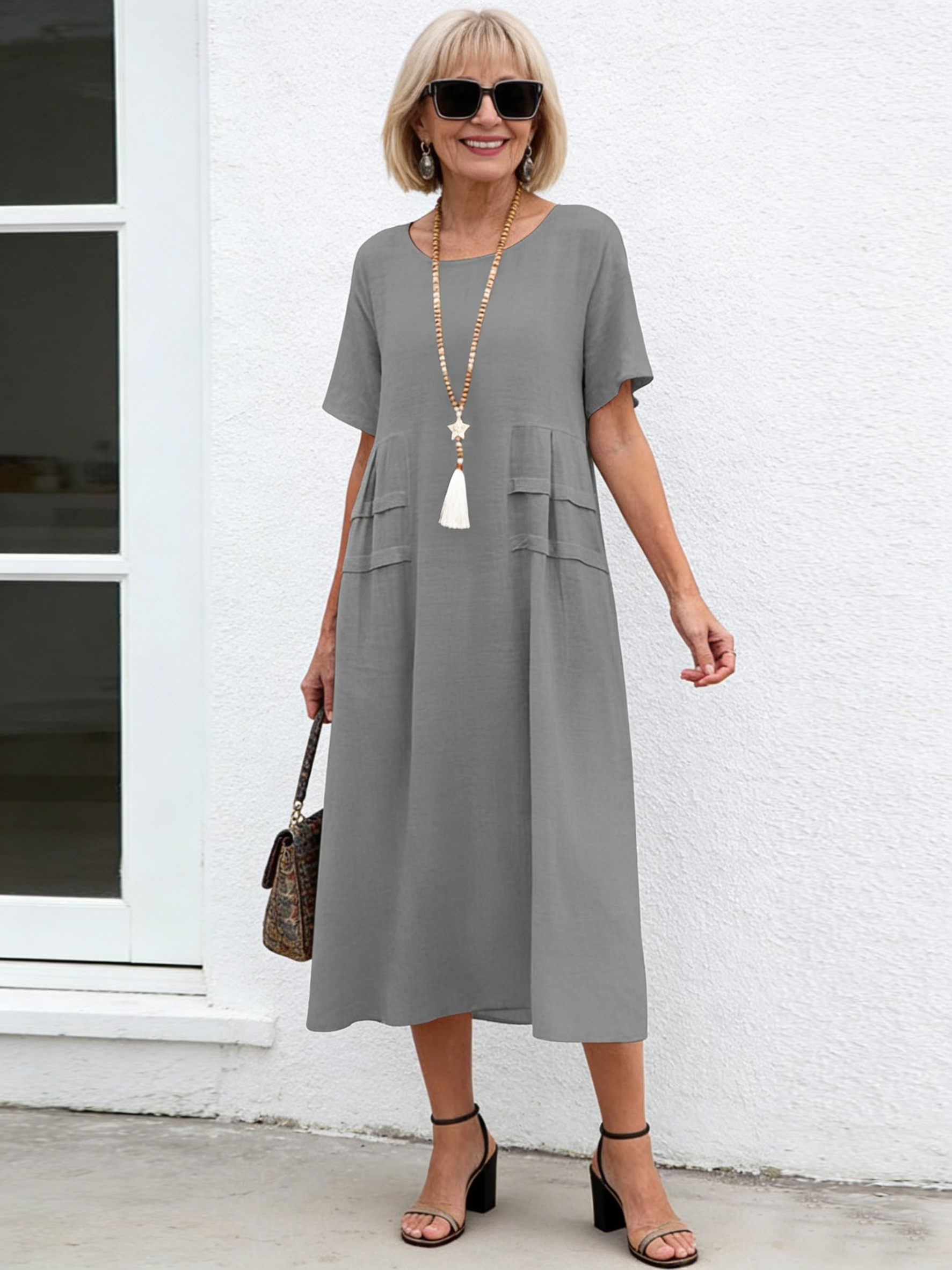 Plus Size Loose Casual Cotton and Linen Solid Color Round Neck Short-sleeved Medium and Long Dress