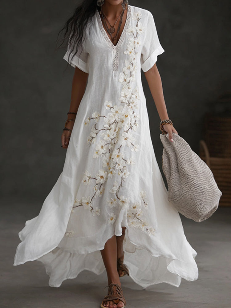 Vintage Japanese Plum Blossom Art Embroidered Casual Linen Maxi Dress