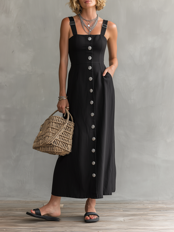 Women's Minimalist Linen-Blend Single-Breasted Maxi Pinafore Dress MDZ2872D6Y