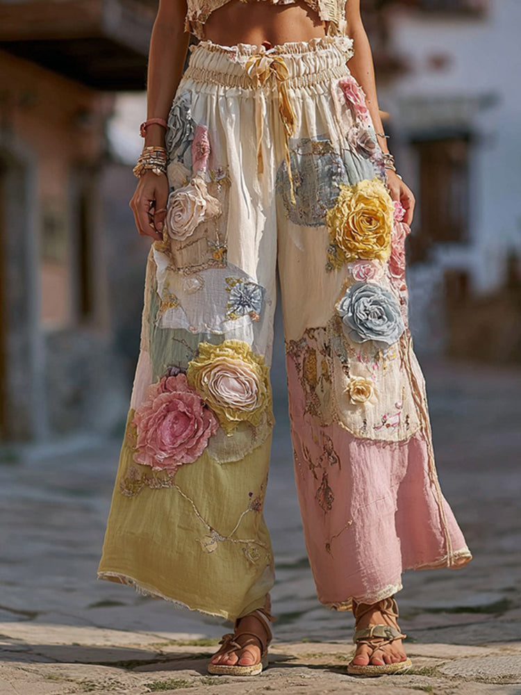 Women's Retro Colorful Rose Stitching Casual Pants