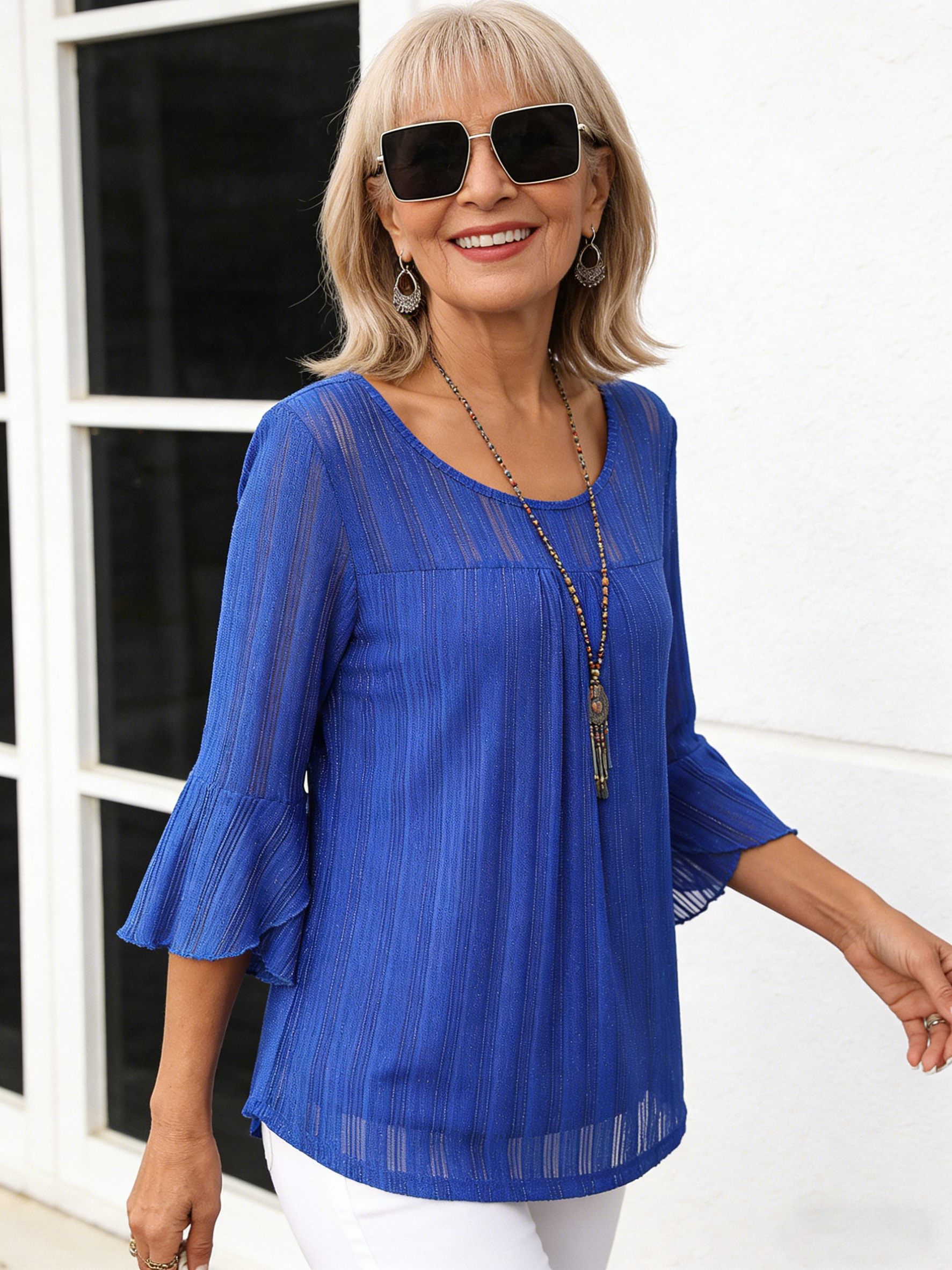 Translucent Round Neck Ruffle Sleeve Shiny Mesh Top