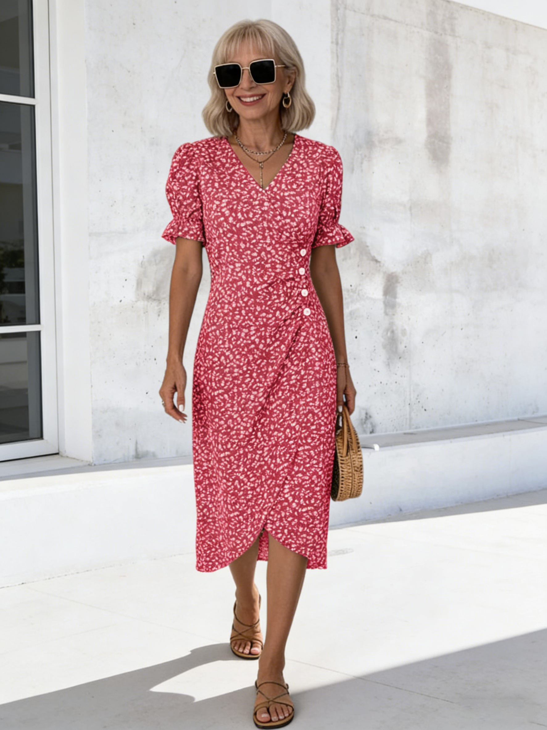 Slim-fit Women's Clothing Geometric Collage Bubble Sleeves Irregular Hem Dress