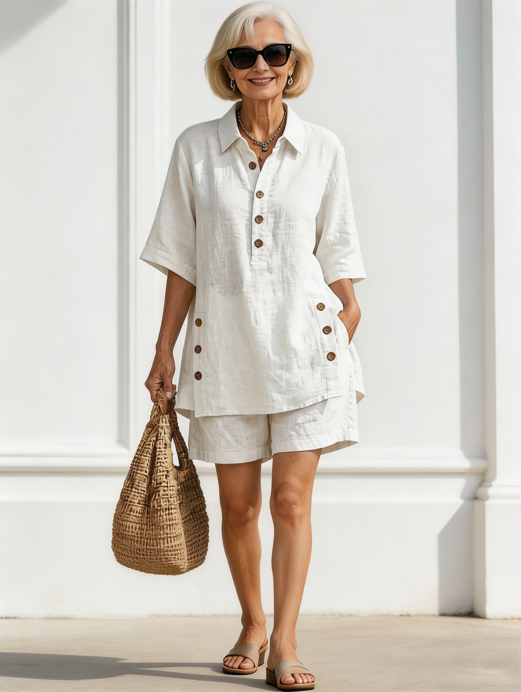 2Pcs Cotton and Linen Women's Short-sleeved Shirt Loose Pants Two-piece Set