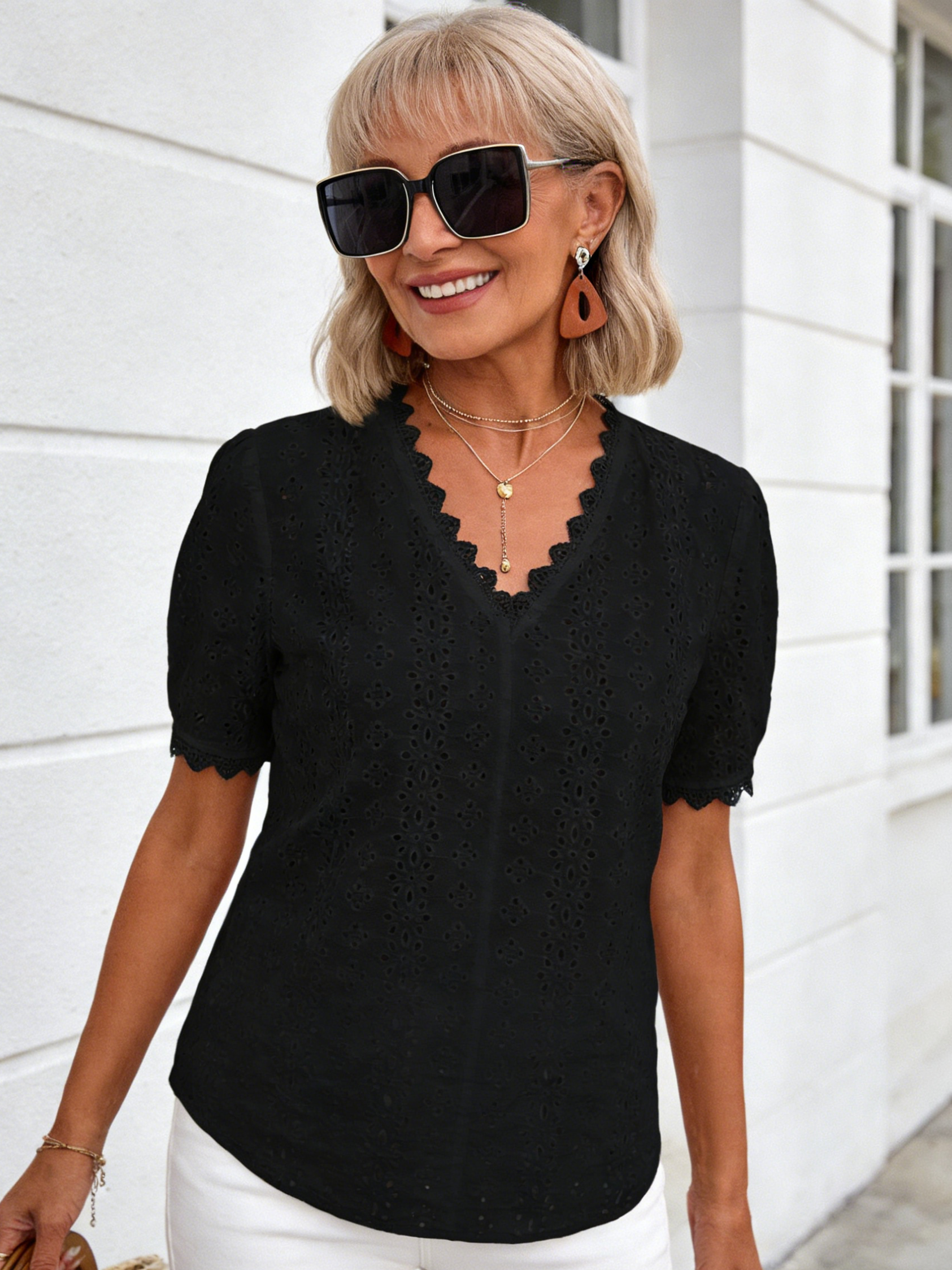 Textured Fabric Solid Color Short Sleeve Hollow Shirt