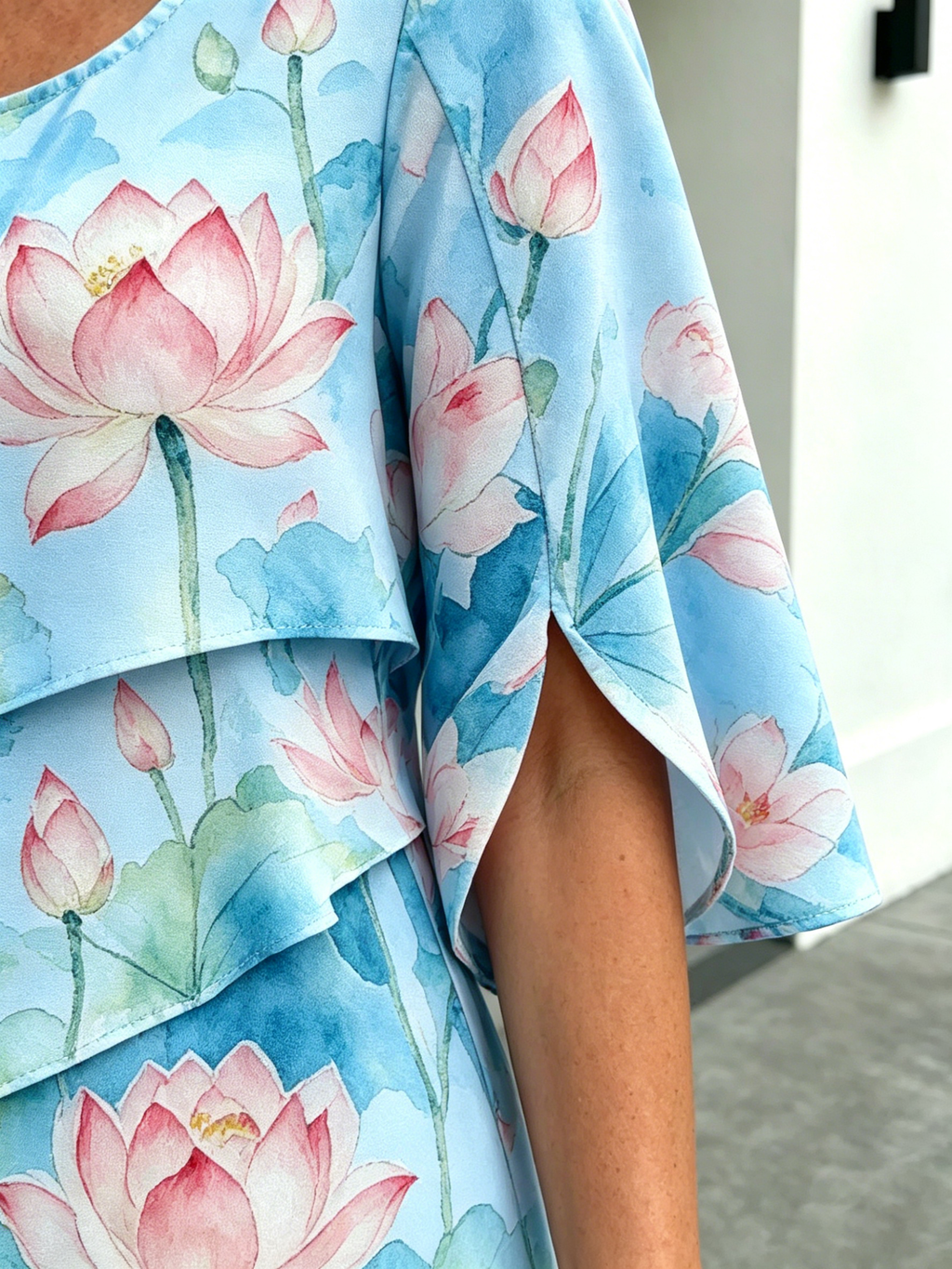 Chiffon Lotus Vacation Prints Color Round Neck Cake Skirt Splicing Dress Mid-length