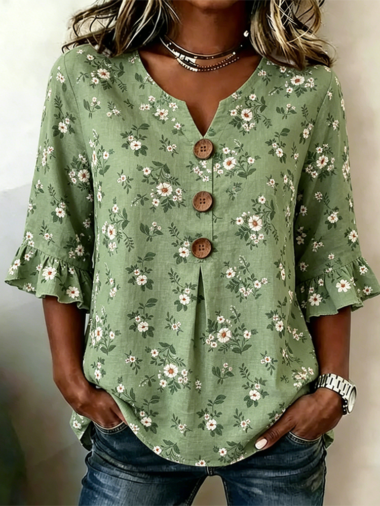 Floral Pattern Design Women's Casual Linen Top