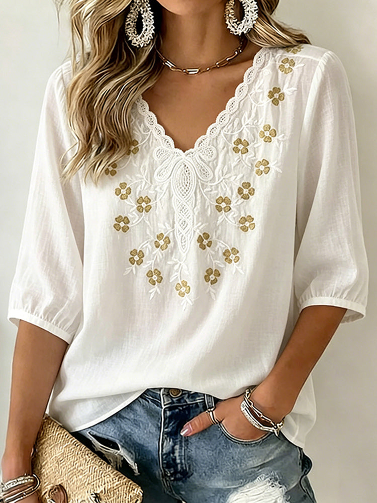 Women's Artistic Floral Embroidered Cotton Linen Casual Top