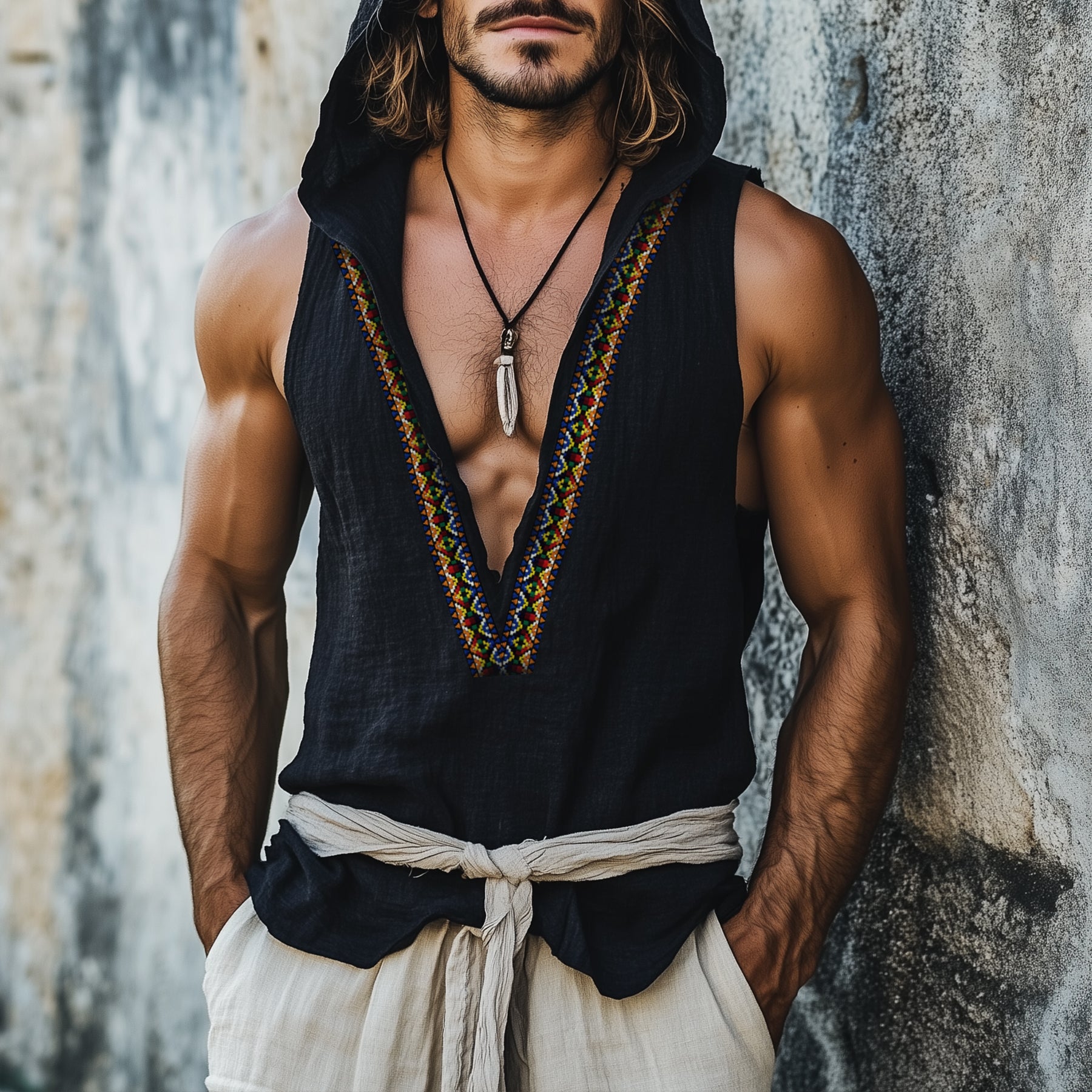Men's Vintage Cotton And Linen Embroidered Vest Tops