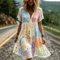 Women's Colorful Floral Art Embroidery Patchwork Linen Blend V-neck Short Sleeve Mini Dress