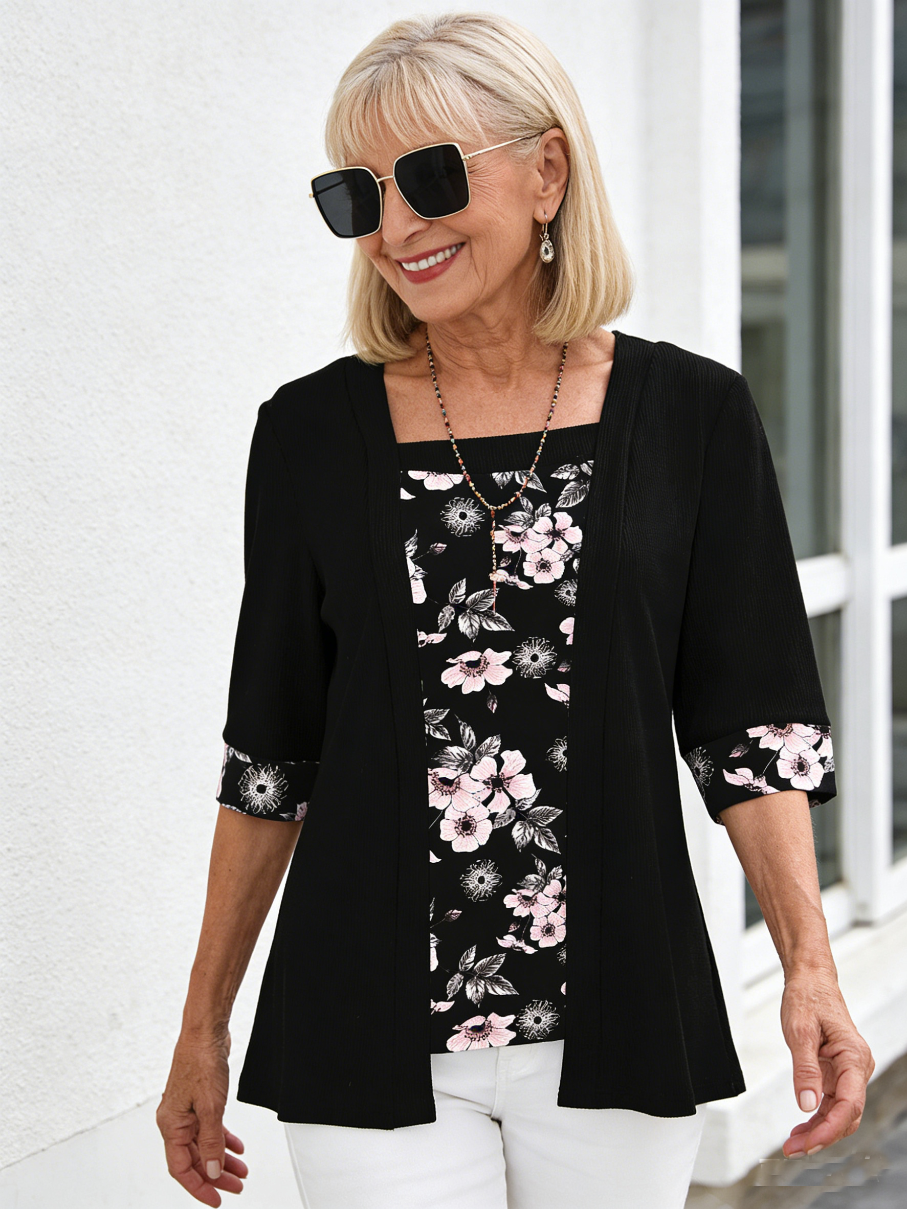 Fake Two-piece Five-quarter-sleeved Printed Women's Top T-shirt