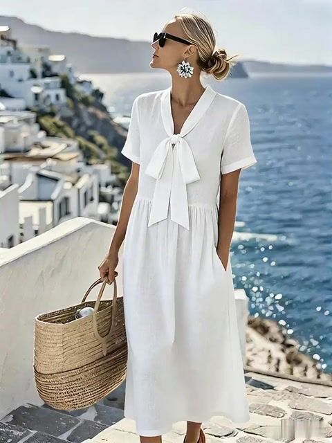 Women'S Solid Color Short-Sleeved Vacation Dress