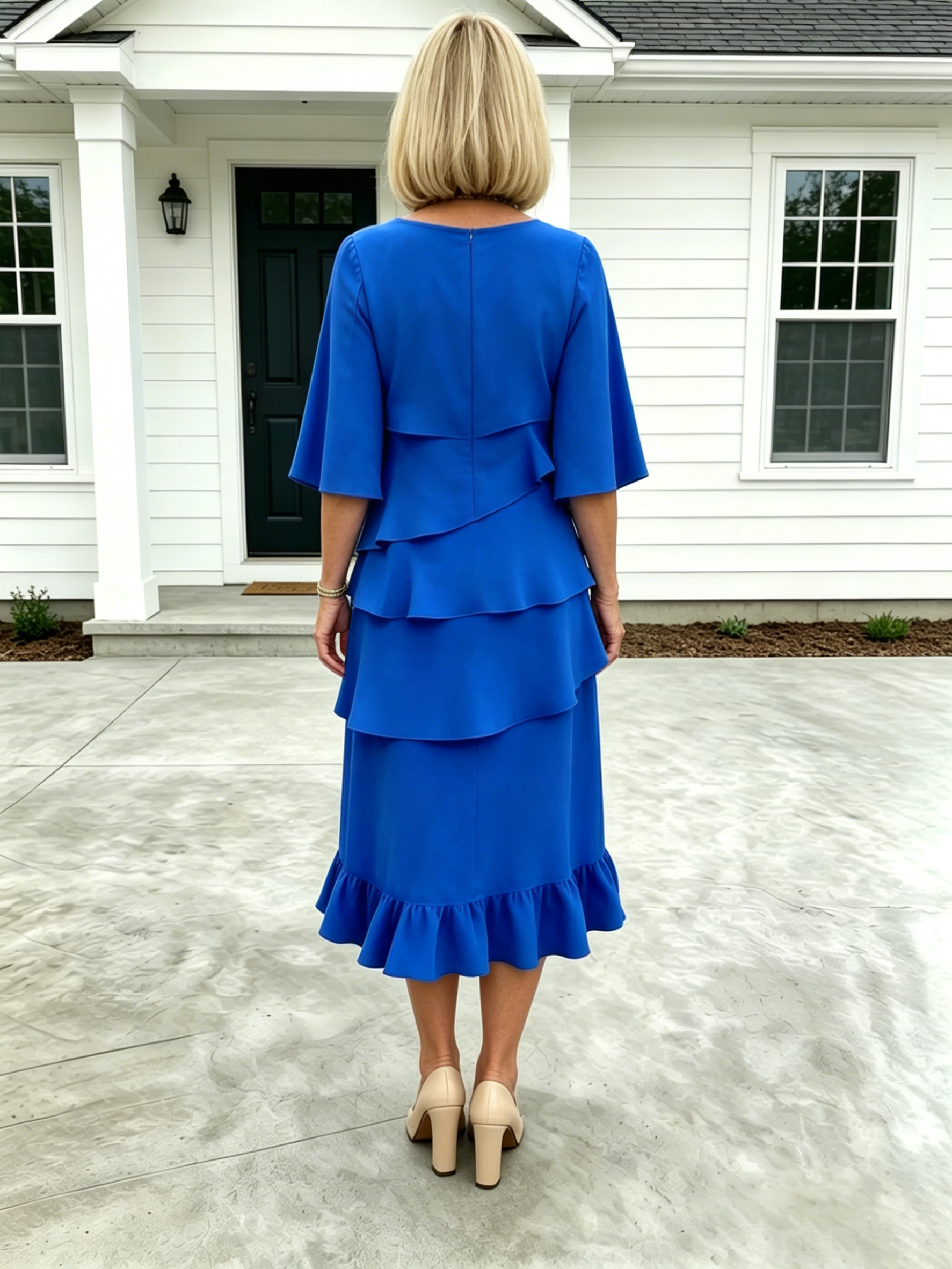 (Length end to the knee)Black Dress Style Fashion Solid Color Round Neck Cake Skirt Splicing Dress Women's Clothing