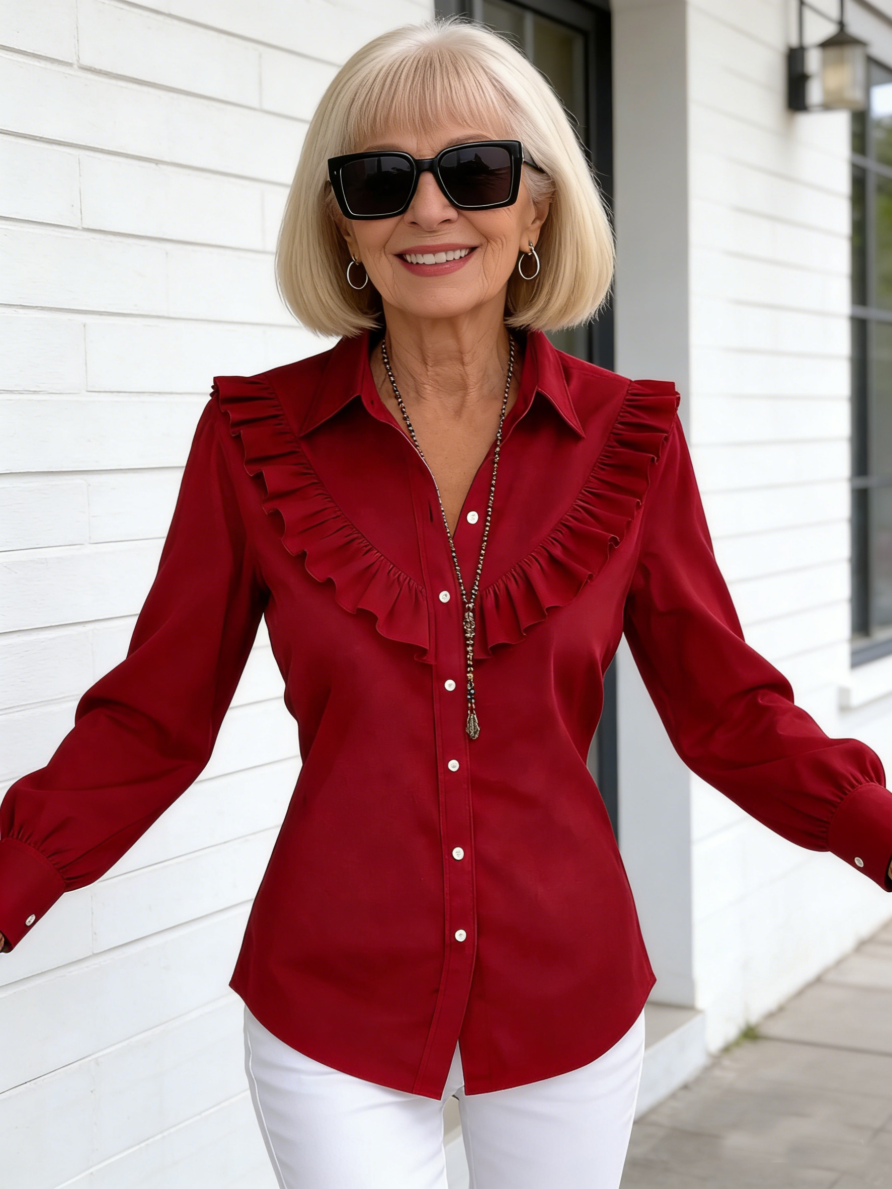 Women's Solid Color Shirt Collar Long Sleeve Casual Loose Ruffle Edge Cotton and Linen Top