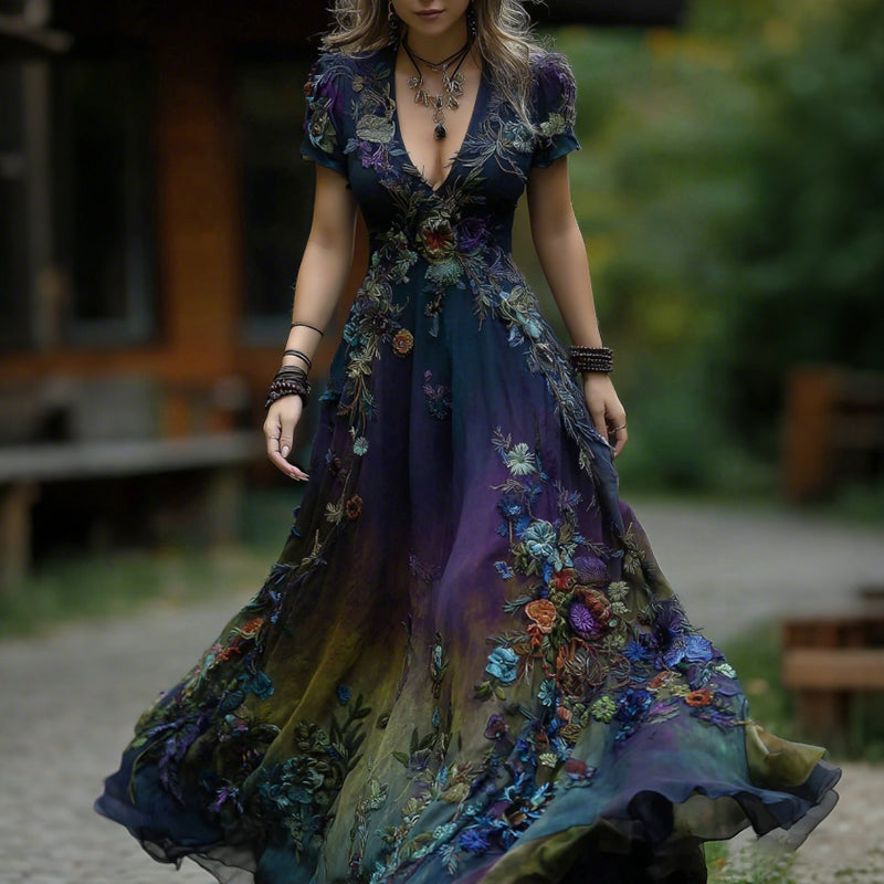 Vintage Classy Gradient Purple Floral Embroidered V Neck Maxi Dress