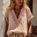 Women's Floral Embroidery Art V Neck Linen Blend Shirt