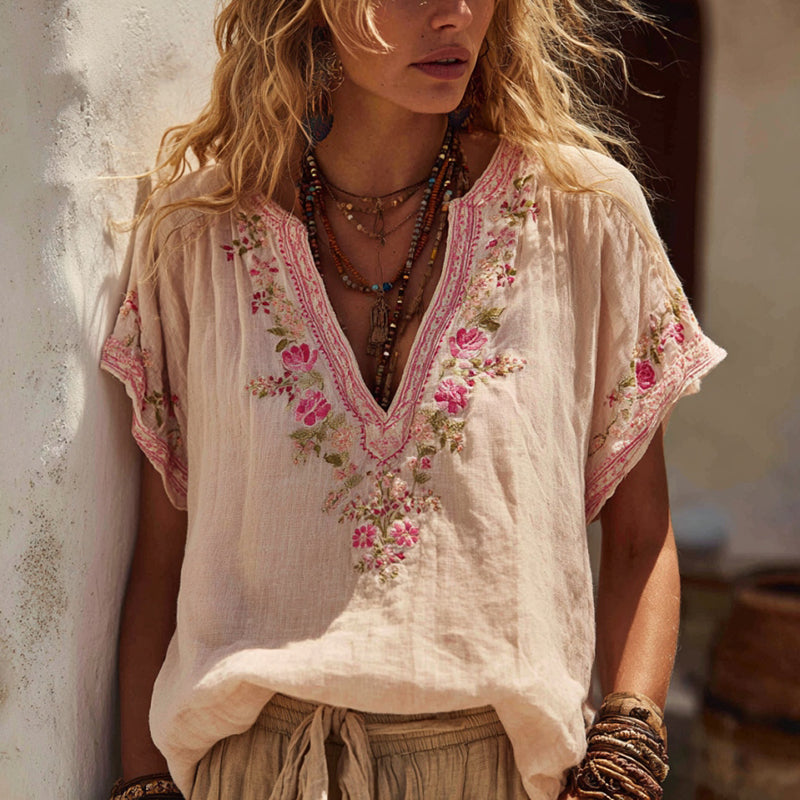 Women's Floral Embroidery Art V Neck Linen Blend Shirt