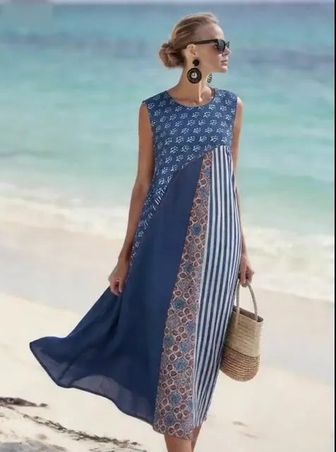 Women'S Round Neck Sleeveless Color-Block Printed Dress