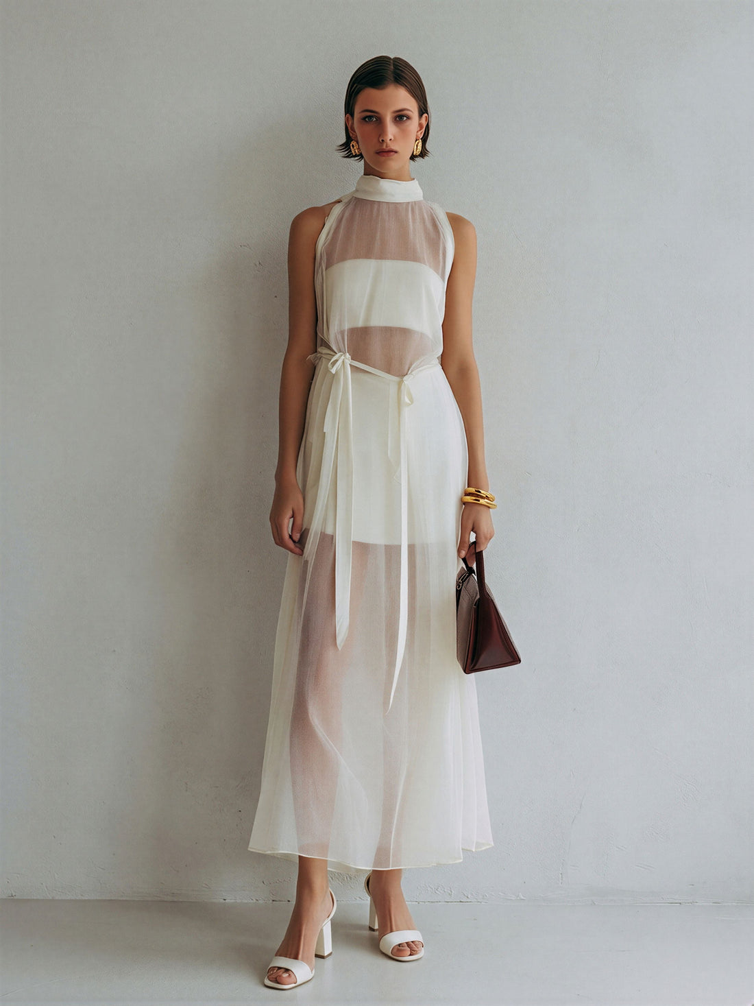 Women’s Ivory Sheer Mesh Halter Neck Maxi Dress With Inner Lining & Waist Tie MDZ2573D7T