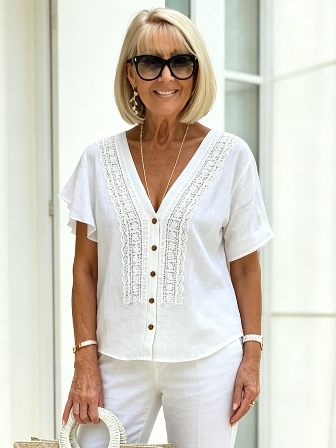 V-neck Short-sleeved Shirt Women's Loose Imitation Hemp Embroidered Button-up Top