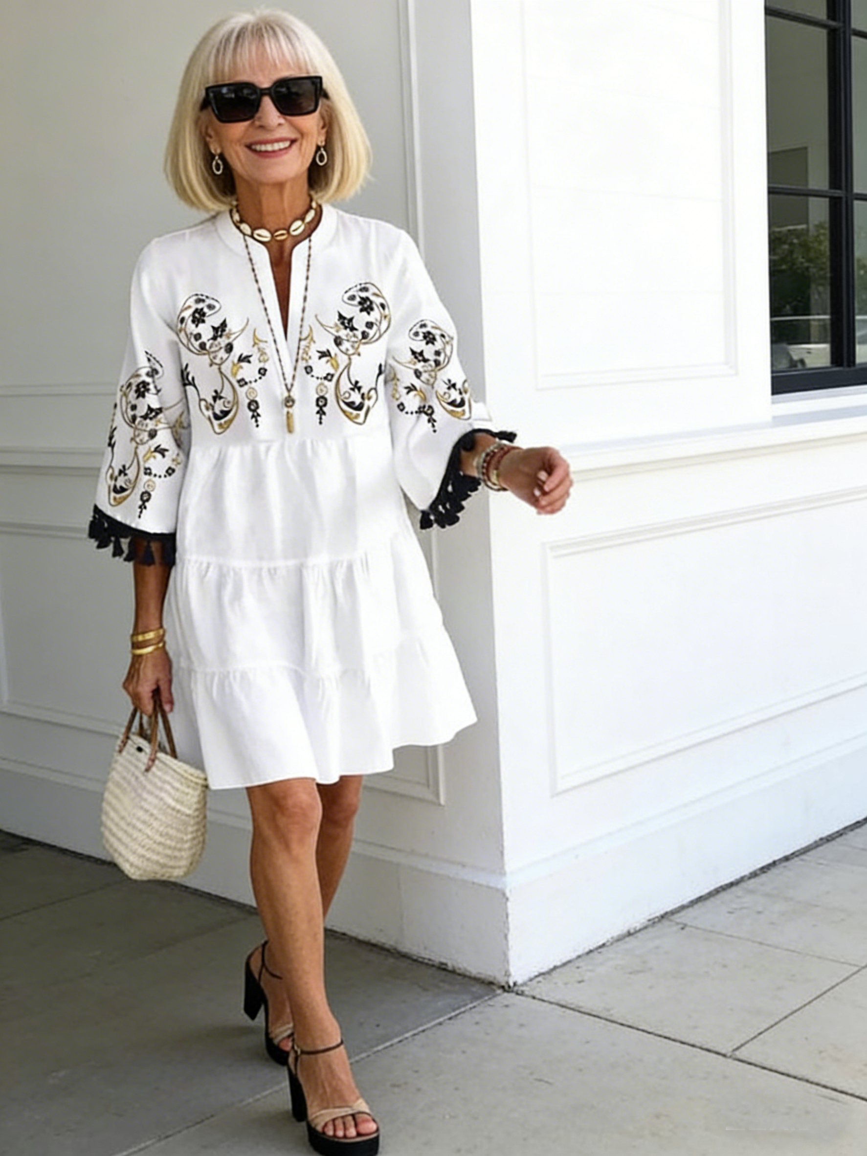 Temperament Printed Fringed V-neck Short Dress