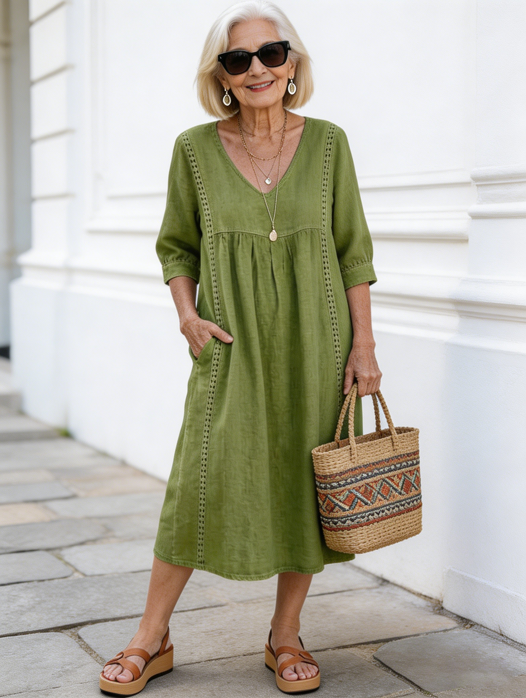 Casual Loose V-neck Splicing Lace Edge Linen Cotton Dress