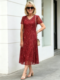 Red Floral Lace Midi Dress, V-Neck Short Sleeve Cinched Waist Slimming Dress for Mature Women