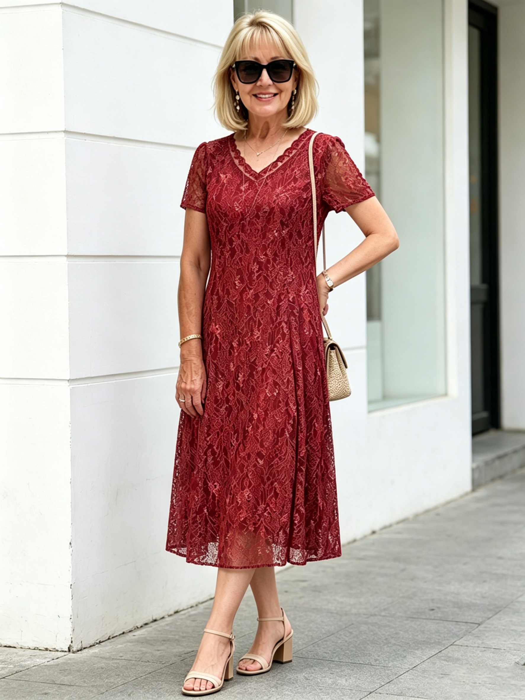 Red Floral Lace Midi Dress, V-Neck Short Sleeve Cinched Waist Slimming Dress for Mature Women
