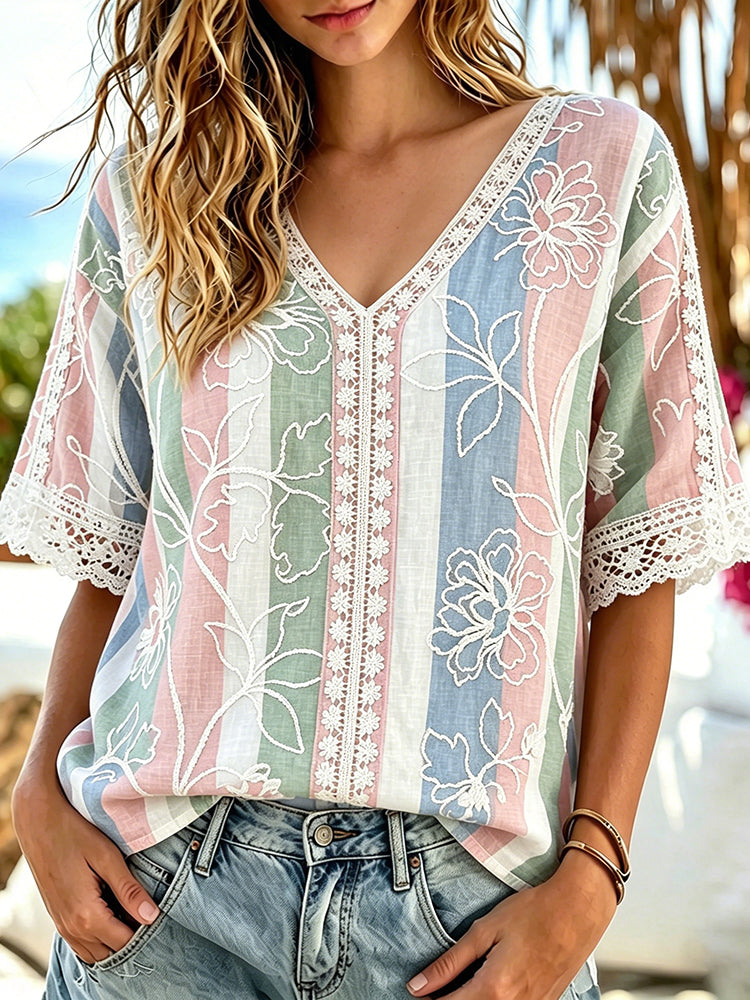 Women's Floral Art Embroidery Linen Blend V-neck Short Sleeve Top