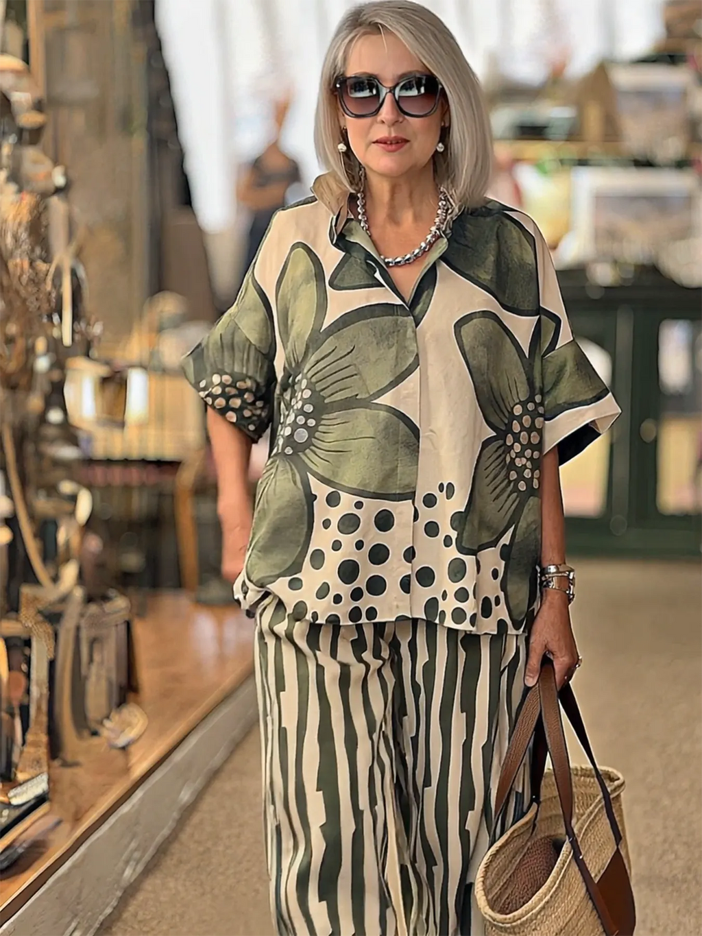 2Pcs Lapel Loose Geometric Printing Casual Set