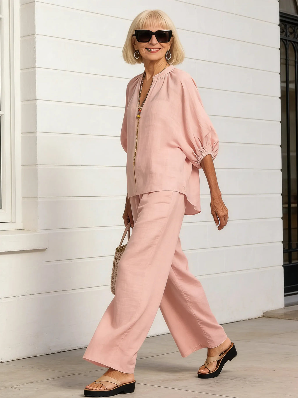 2Pcs Women's Casual Loose Solid Color Zipper Round Neck Wide-leg Pants Suit Women