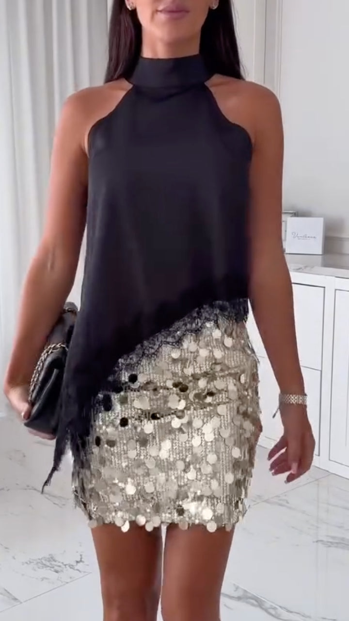 Halter Top & Sequin Mini Skirt Two Piece Set