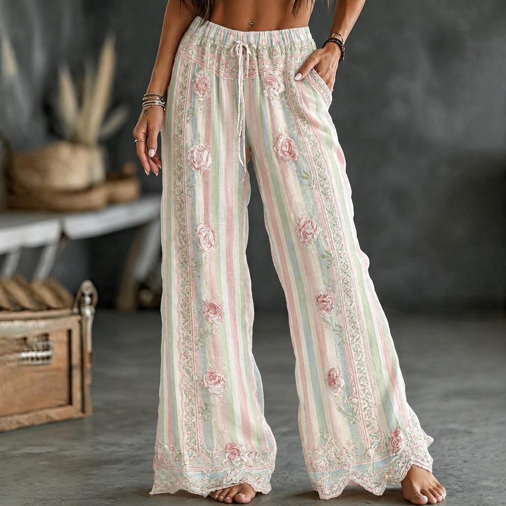 Women's Vintage Floral Vine Art Embroidery Patchwork Cotton Linen Pants