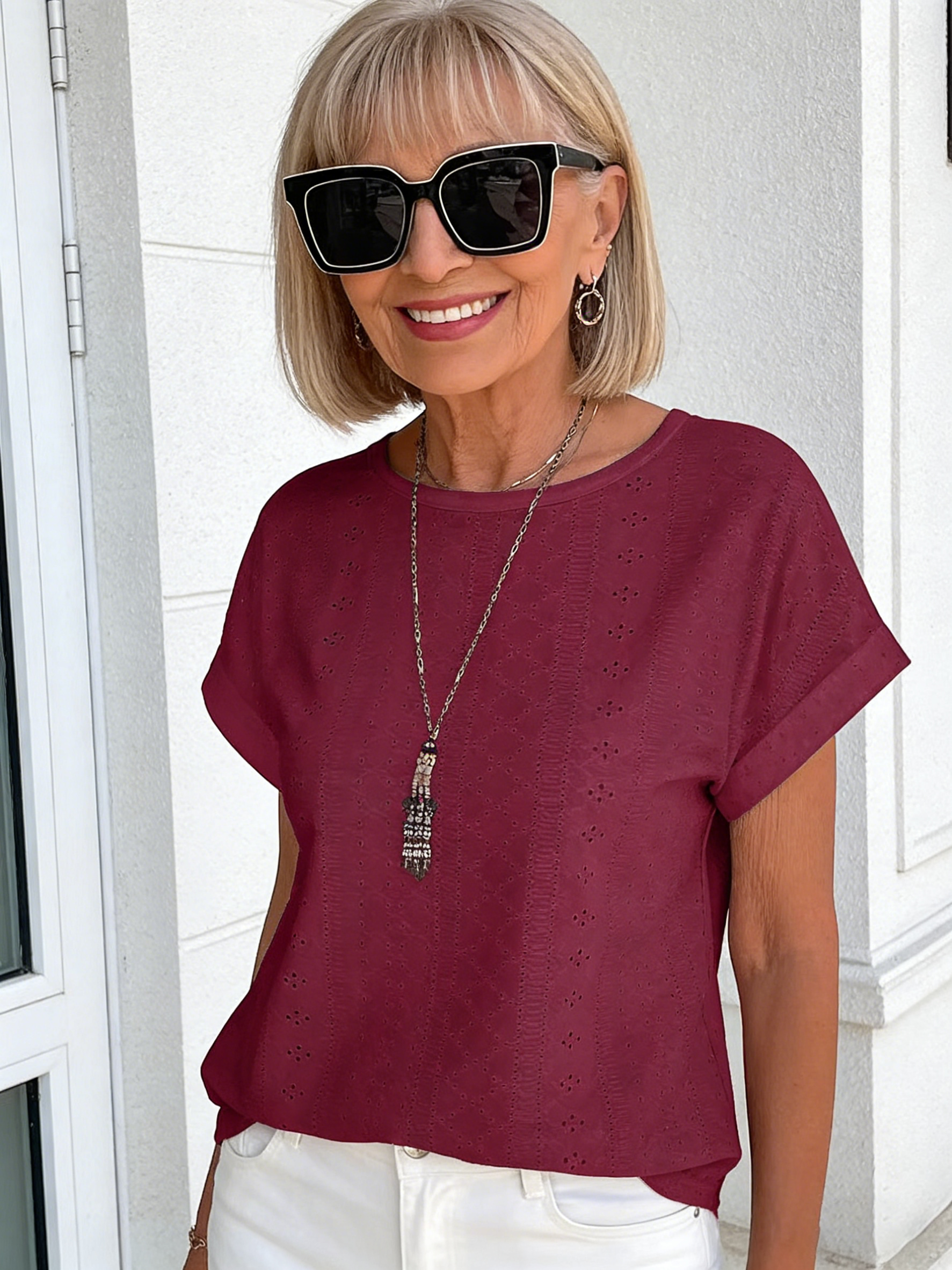 Textured Fabric Solid Color Crew Neck Loose Short Sleeve T-Shirt Top Women