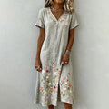 Women's Japanese Floral Art Linen-blend V Neck Maxi Dress