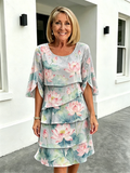 Chiffon Lotus Vacation Prints Color Round Neck Cake Skirt Splicing Dress Mid-length