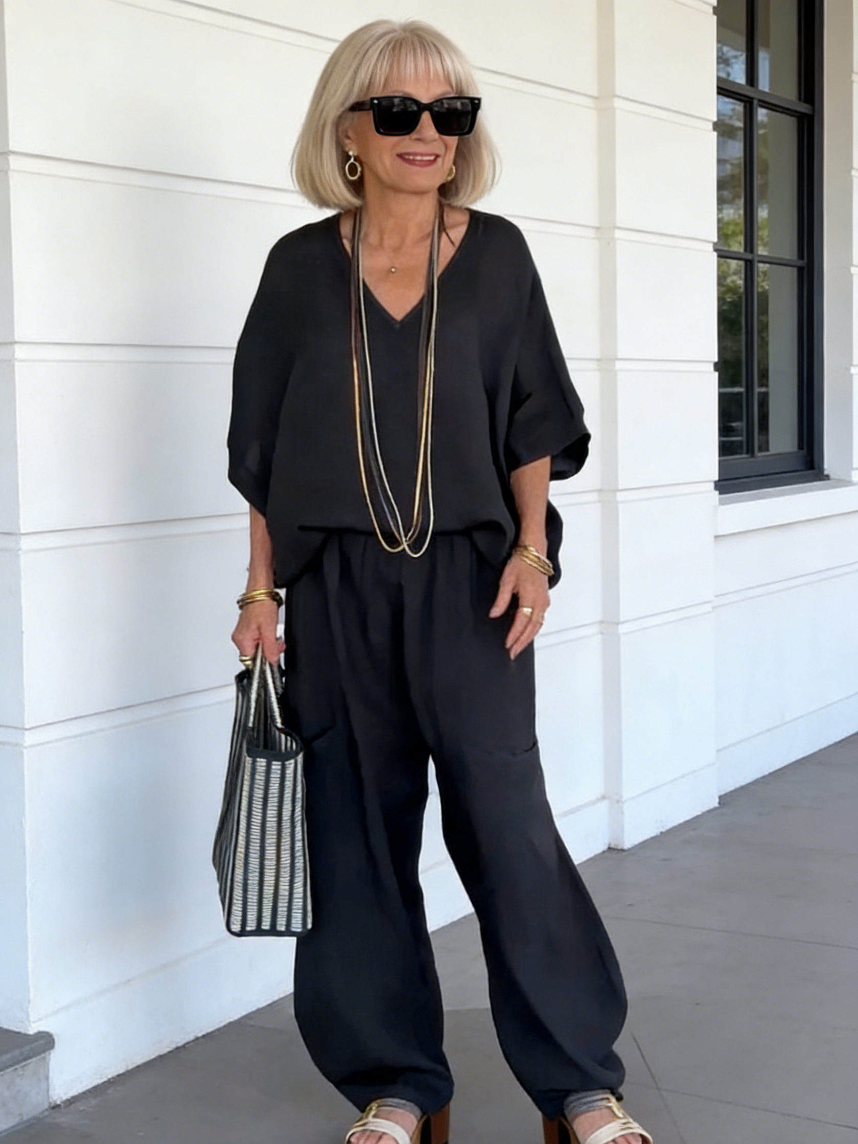 2Pcs Casual V-neck Loose Pocket Medium Sleeve Cotton and Linen Set